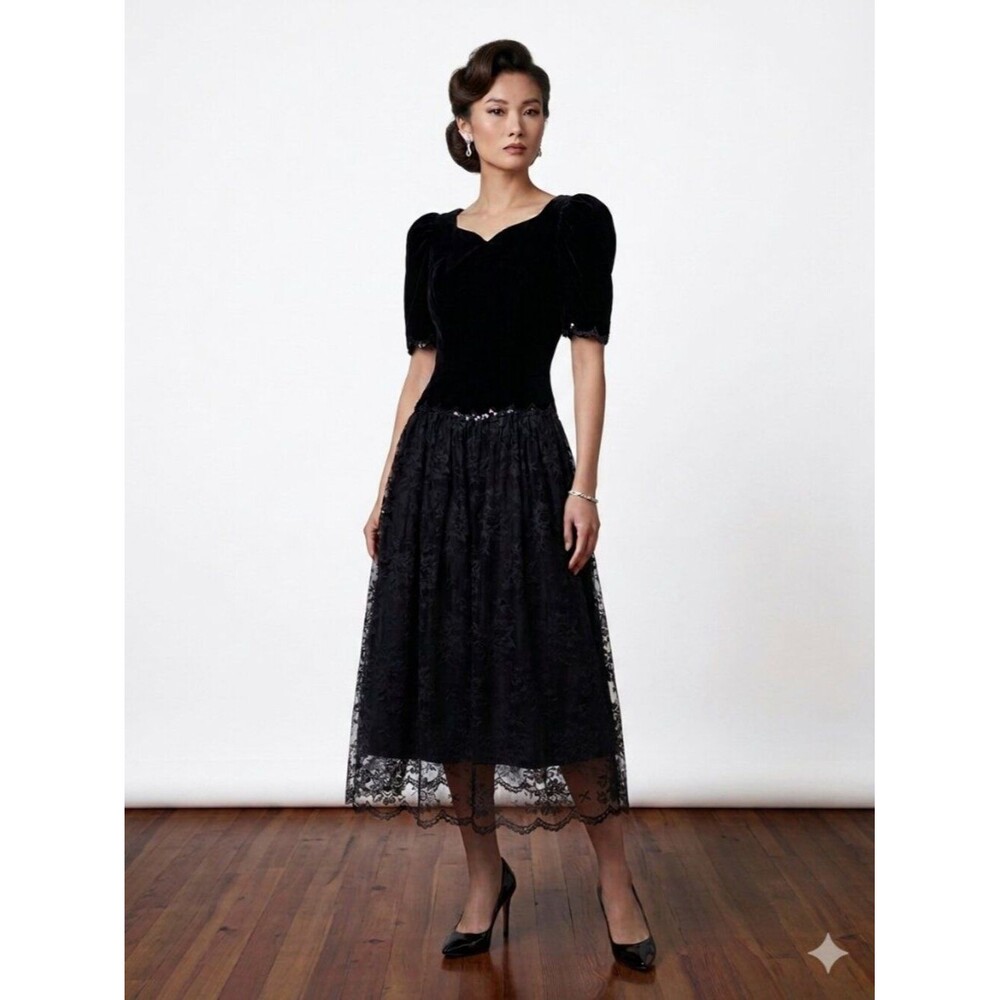 VTG 80s 90s Scott McClintock Velvet Lace Cocktail Dress Tea Length Black Size 6